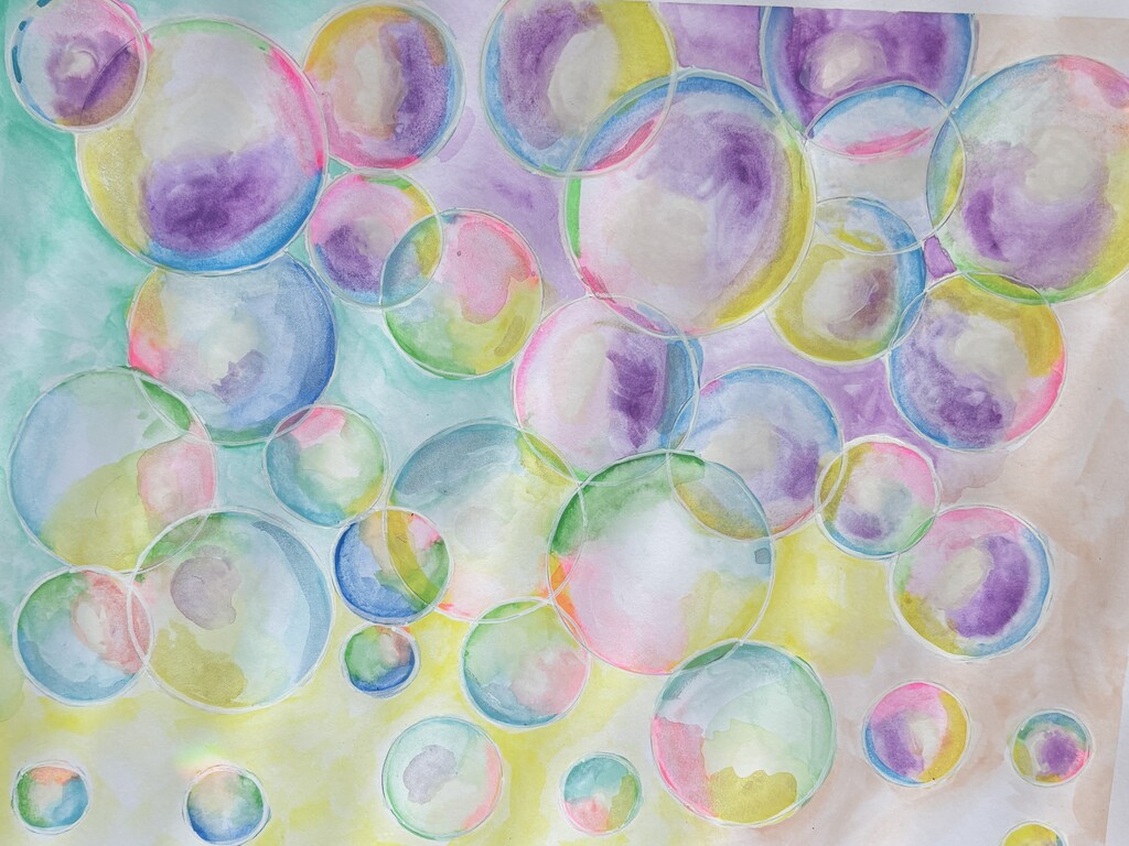 Colorful watercolor bubbles on mixed media paper.