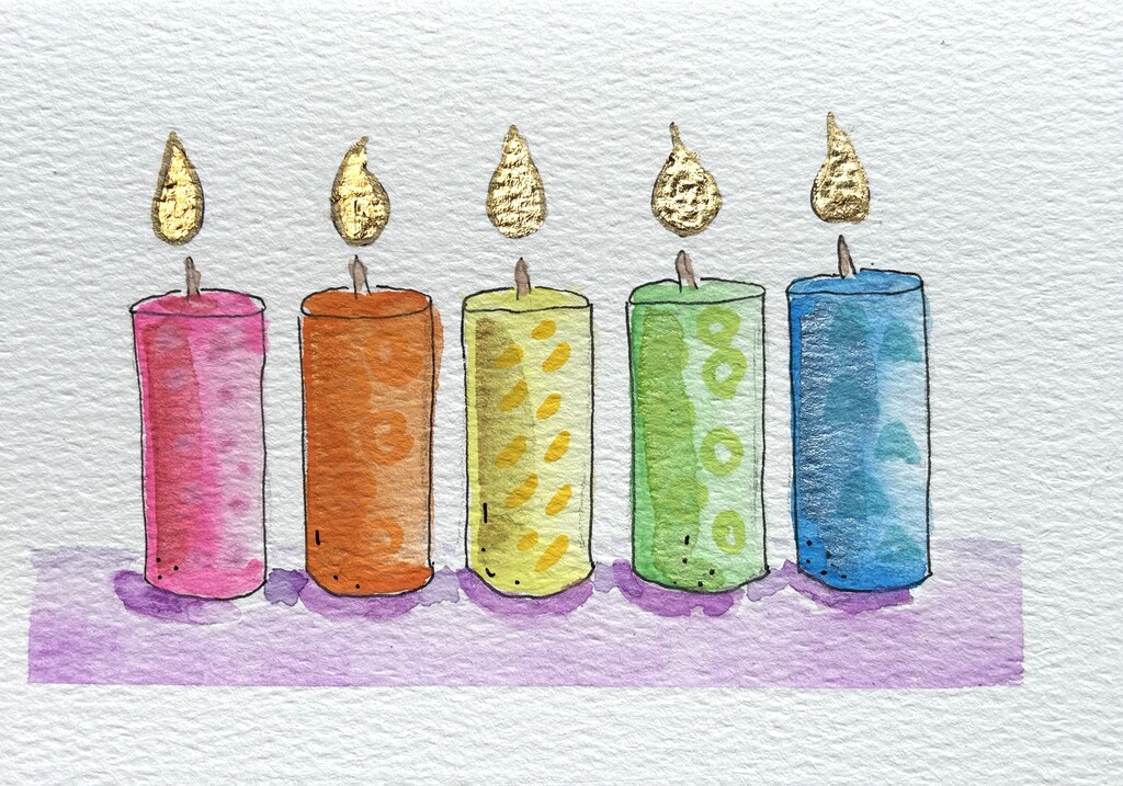 A simple birthday card featuring five candles, watercolor paint and fine line pen.