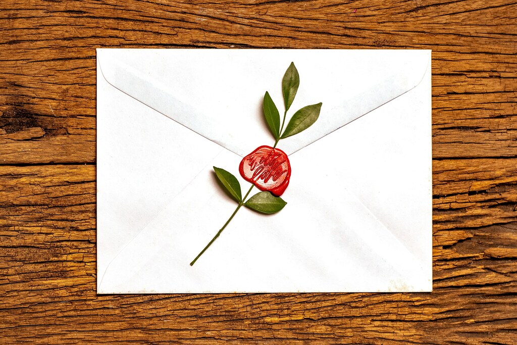 A white gift envelope with a wax seal on a wood grain surface.