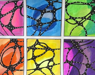 A colorful six panel neurographic-art inspired sketchbook page made with tempera paint sticks and acrylic pen.
