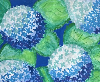 Blue hydrangeas on mixed media paper made with watercolor paint and acrylic pen.