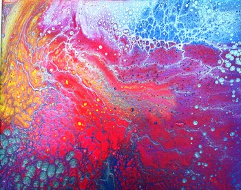 Acrylic pour painting with neon colors, a senior-friendly art project.